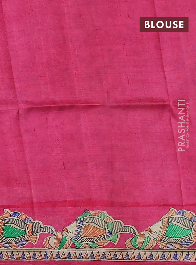 Tussar madhubani printed silk saree pink and cream with butta prints and printed border