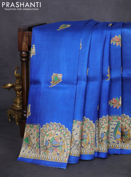 Madhubani printed silk saree blue and cream with butta prints and printed border