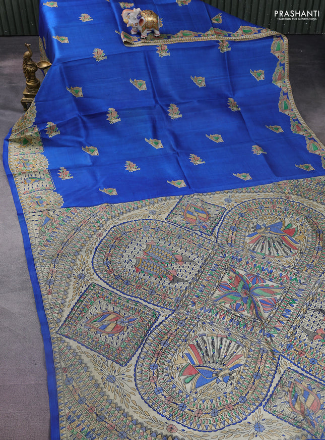Tussar madhubani printed silk saree blue and cream with butta prints and printed border