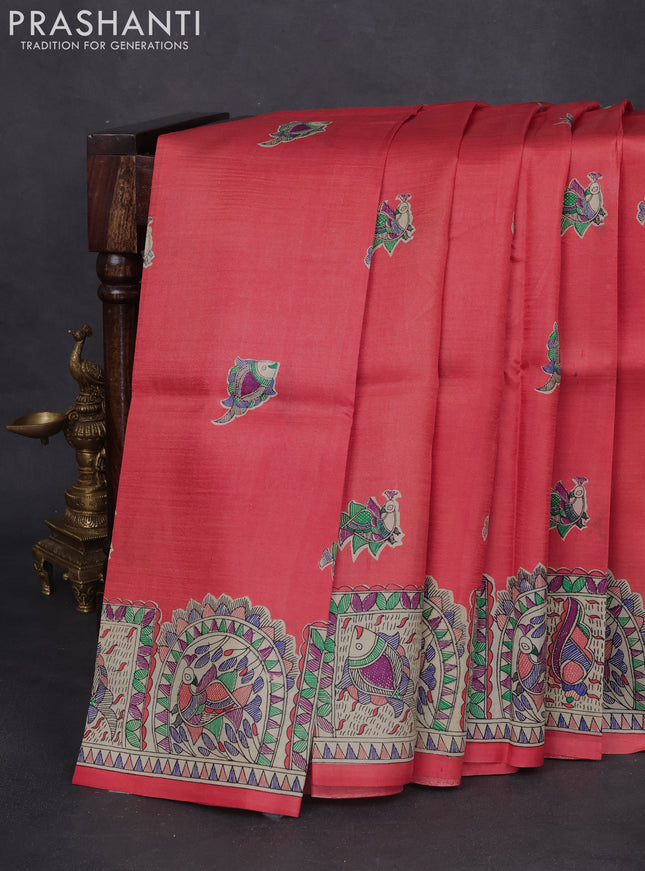 Tussar madhubani printed silk saree pale orange and cream with butta prints and printed border