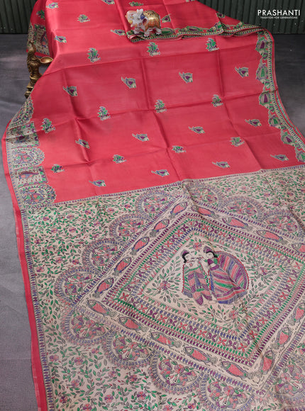 Madhubani printed silk saree pale orange and cream with butta prints and printed border