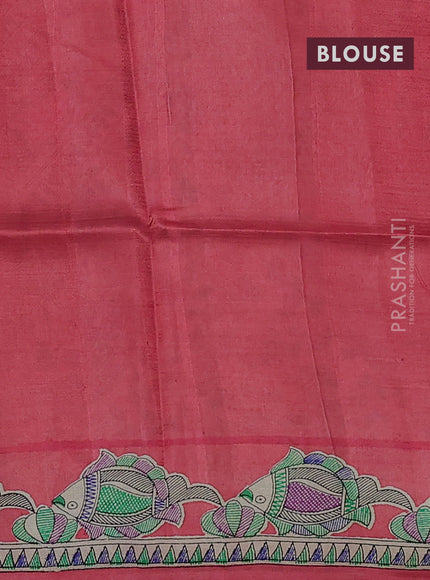 Madhubani printed silk saree pale orange and cream with butta prints and printed border