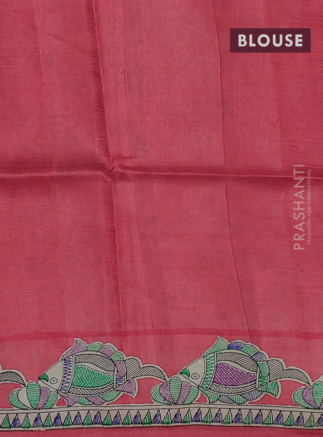 Tussar madhubani printed silk saree pale orange and cream with butta prints and printed border