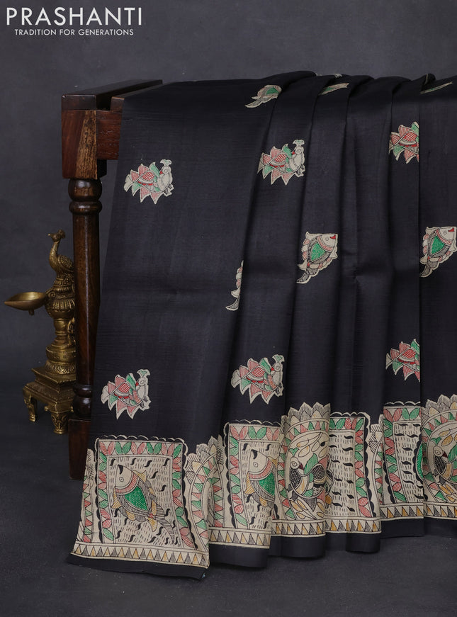 Tussar madhubani printed silk saree black and cream with butta prints and printed border