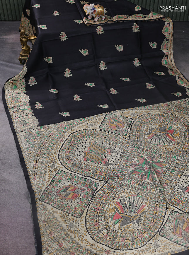 Tussar madhubani printed silk saree black and cream with butta prints and printed border