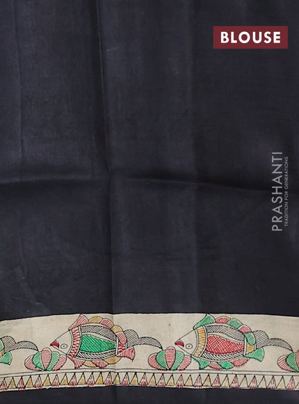 Madhubani printed silk saree black and cream with butta prints and printed border