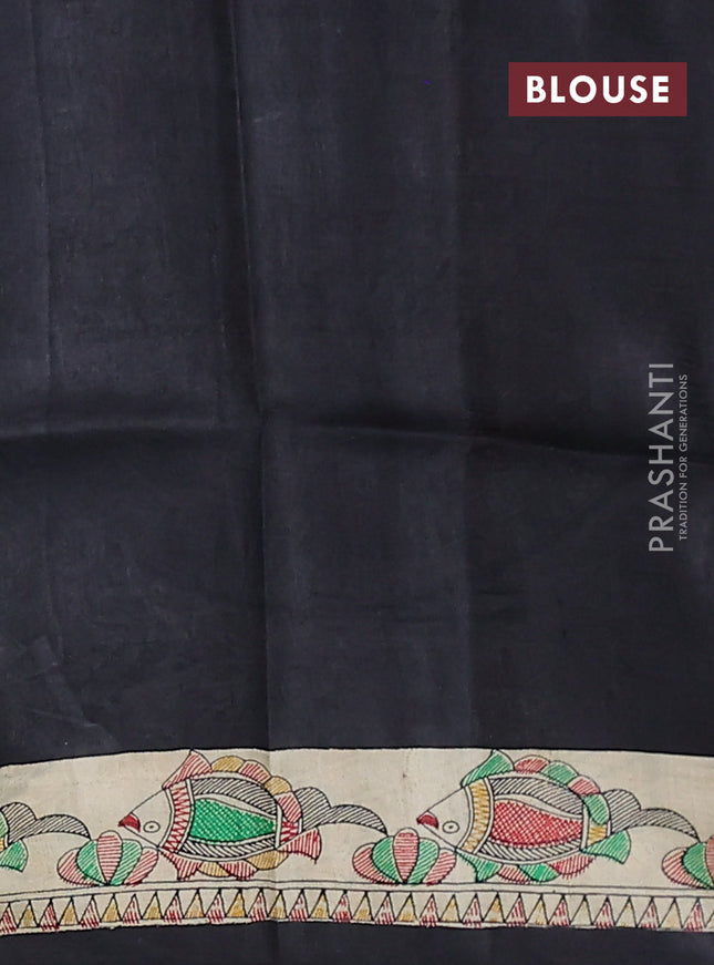 Tussar madhubani printed silk saree black and cream with butta prints and printed border