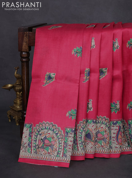 Madhubani printed silk saree pink and cream with butta prints and printed border