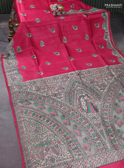Madhubani printed silk saree pink and cream with butta prints and printed border