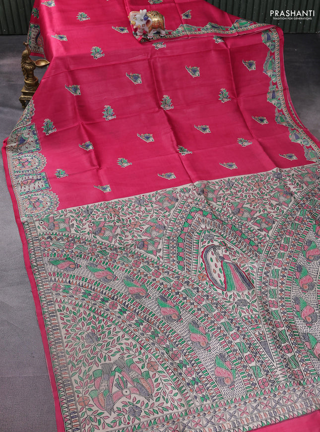 Tussar madhubani printed silk saree pink and cream with butta prints and printed border