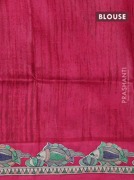 Madhubani printed silk saree pink and cream with butta prints and printed border