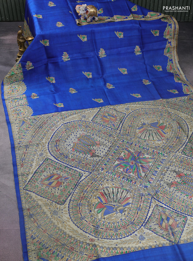 Tussar madhubani printed silk saree blue and cream with butta prints and printed border