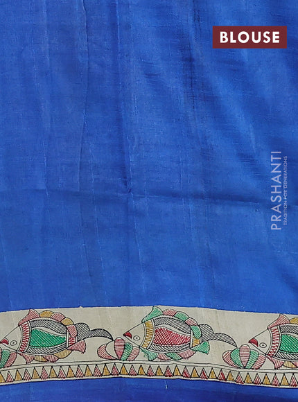 Madhubani printed silk saree blue and cream with butta prints and printed border