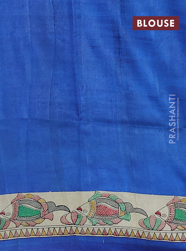 Tussar madhubani printed silk saree blue and cream with butta prints and printed border