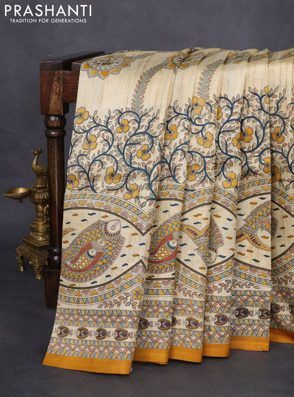 Madhubani printed silk saree cream and mustard yellow with allover prints and printed border