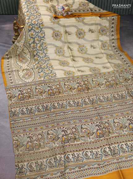 Madhubani printed silk saree cream and mustard yellow with allover prints and printed border