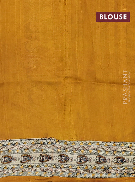 Madhubani printed silk saree cream and mustard yellow with allover prints and printed border