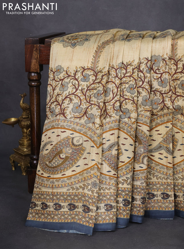 Tussar madhubani printed silk saree cream and grey with allover prints and printed border