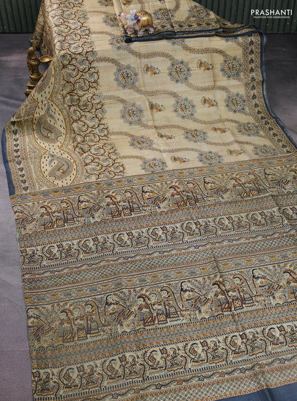Madhubani printed silk saree cream and grey with allover prints and printed border