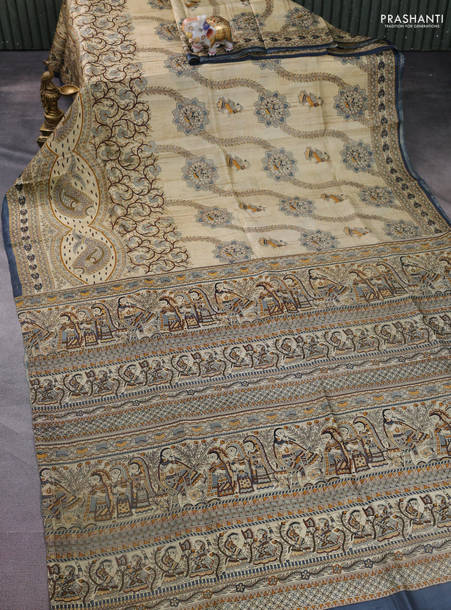Tussar madhubani printed silk saree cream and grey with allover prints and printed border