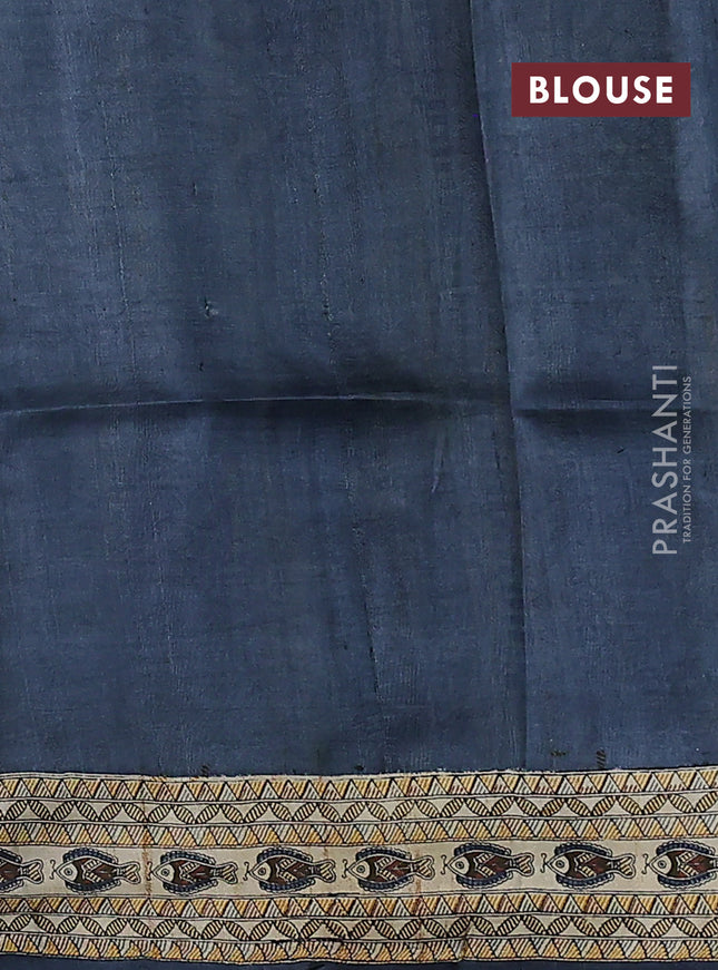 Tussar madhubani printed silk saree cream and grey with allover prints and printed border