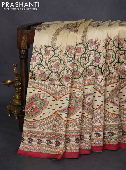 Madhubani printed silk saree cream and maroon with allover prints and printed border