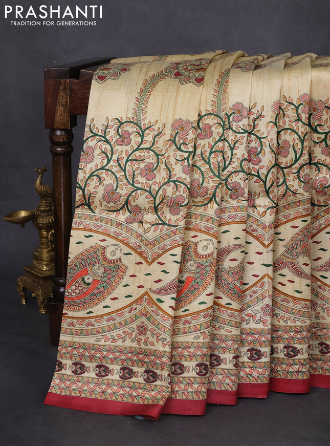 Tussar madhubani printed silk saree cream and maroon with allover prints and printed border