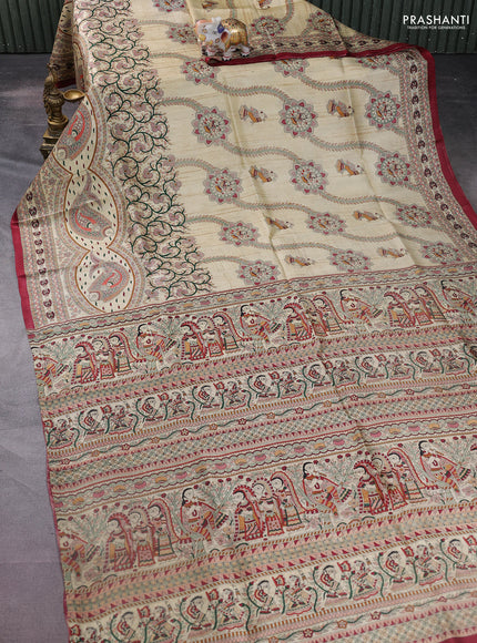 Madhubani printed silk saree cream and maroon with allover prints and printed border