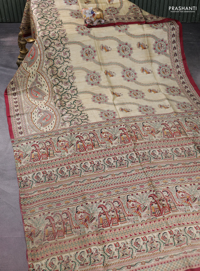 Tussar madhubani printed silk saree cream and maroon with allover prints and printed border