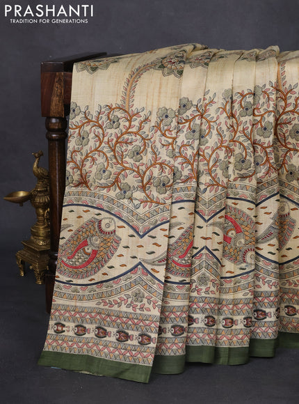 Madhubani printed silk saree cream and sap green with allover prints and printed border