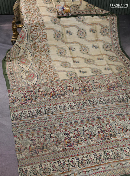 Madhubani printed silk saree cream and sap green with allover prints and printed border
