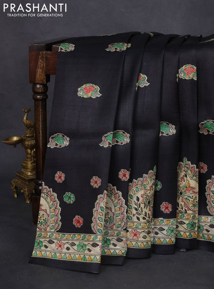 Madhubani printed silk saree black and cream with butta prints and printed border