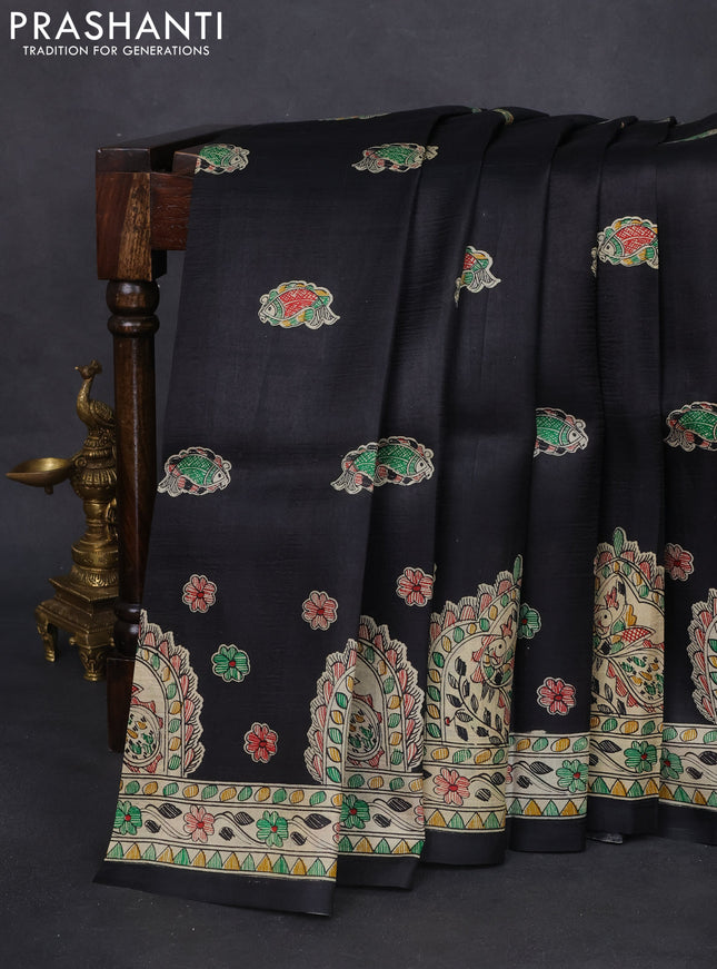Tussar madhubani printed silk saree black and cream with butta prints and printed border