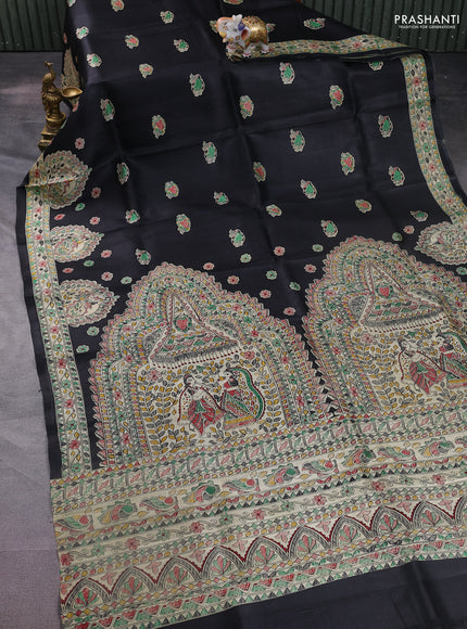 Madhubani printed silk saree black and cream with butta prints and printed border