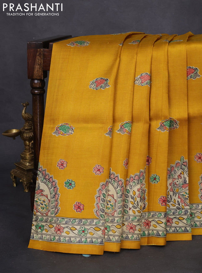 Tussar madhubani printed silk saree mustard yellow and cream with butta prints and printed border