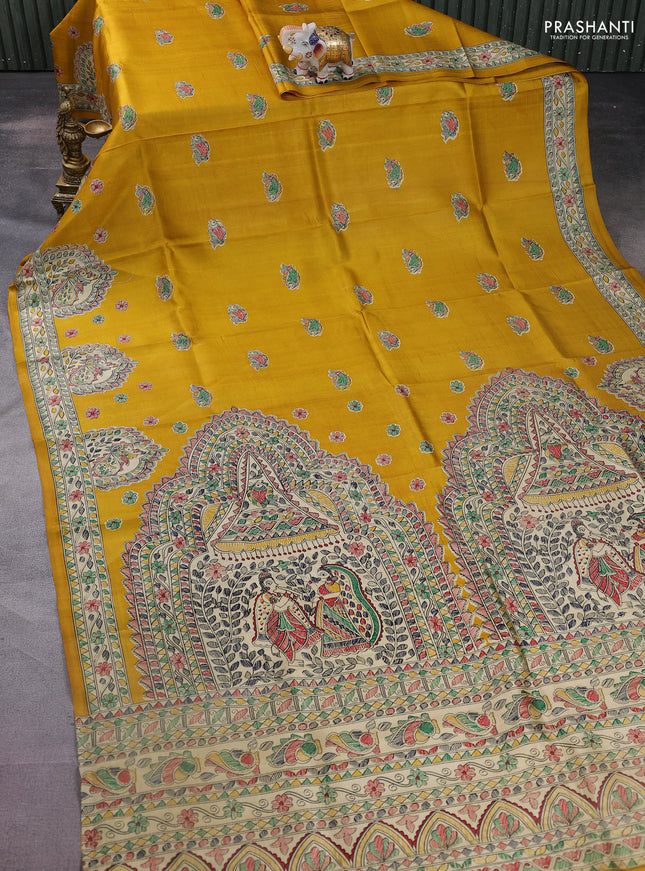 Tussar madhubani printed silk saree mustard yellow and cream with butta prints and printed border
