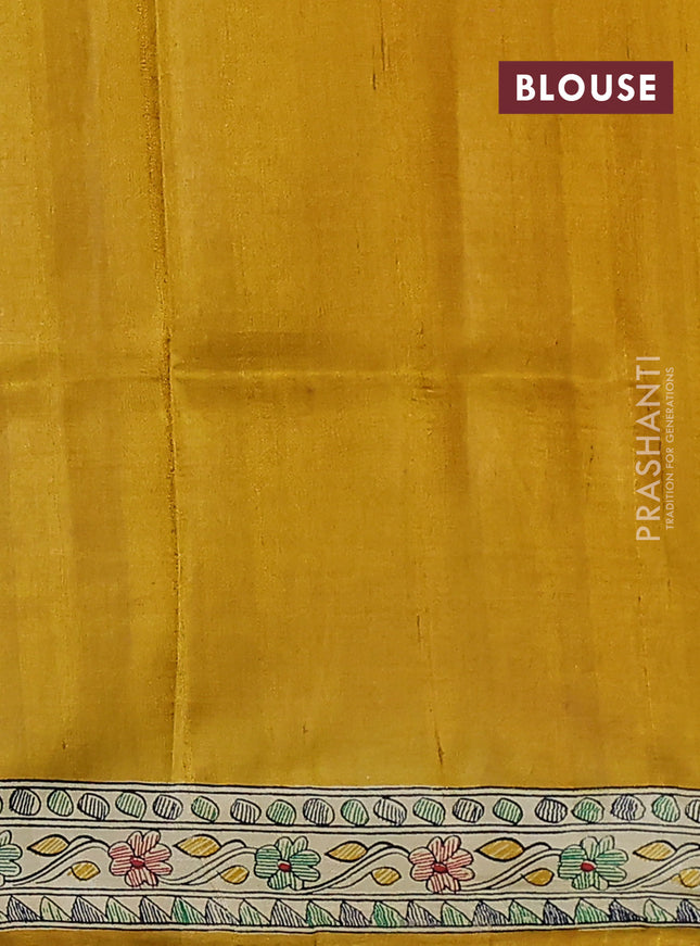 Tussar madhubani printed silk saree mustard yellow and cream with butta prints and printed border