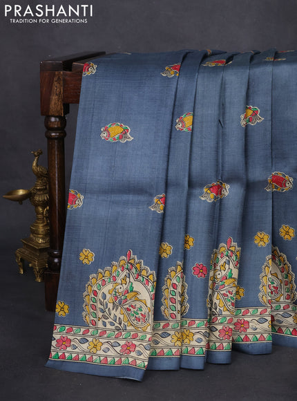 Madhubani printed silk saree grey and cream with butta prints and printed border