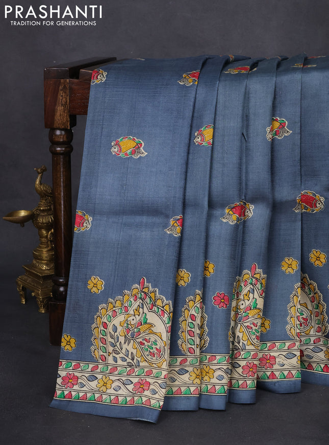 Tussar madhubani printed silk saree grey and cream with butta prints and printed border