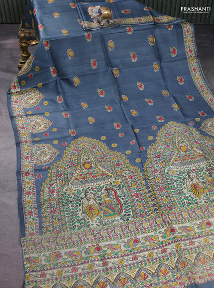 Madhubani printed silk saree grey and cream with butta prints and printed border
