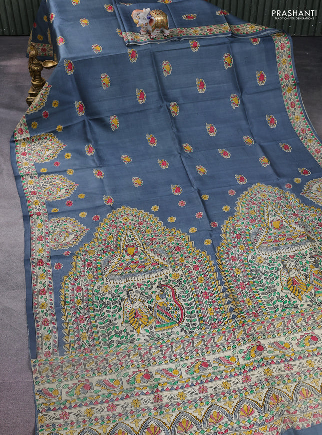 Tussar madhubani printed silk saree grey and cream with butta prints and printed border