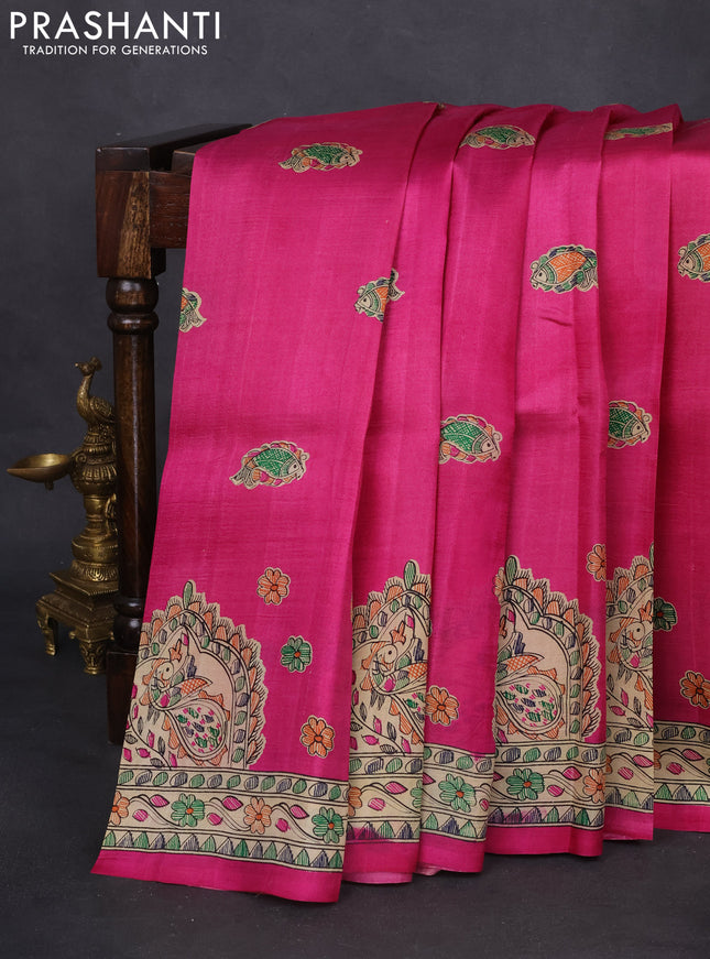 Tussar madhubani printed silk saree pink and cream with butta prints and printed border