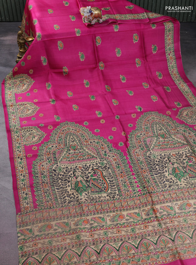 Tussar madhubani printed silk saree pink and cream with butta prints and printed border