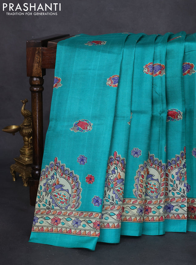 Tussar madhubani printed silk saree teal green and cream with butta prints and printed border
