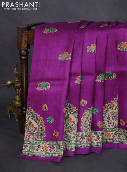 Madhubani printed silk saree purple and cream with butta prints and printed border