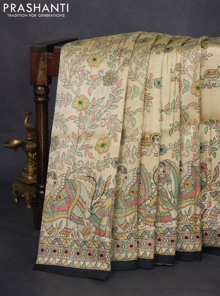 Madhubani printed silk saree cream and black with allover prints and printed border
