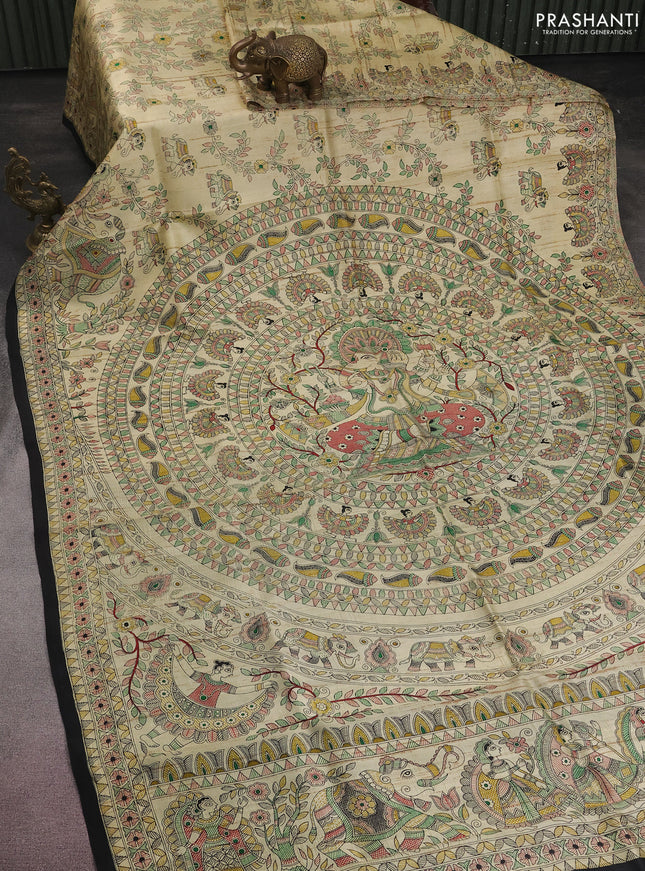 Tussar madhubani printed silk saree cream and black with allover prints and printed border