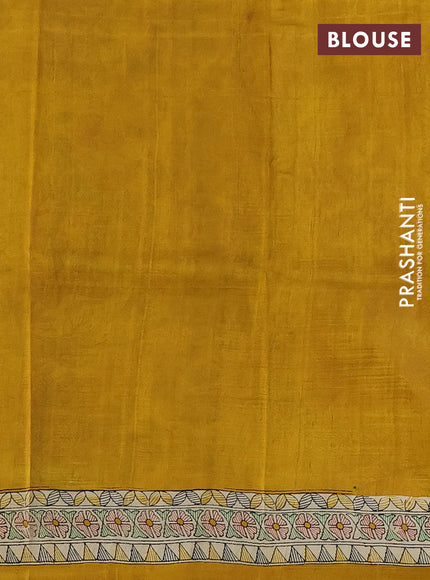 Madhubani printed silk saree cream and mustard yellow with allover prints and printed border
