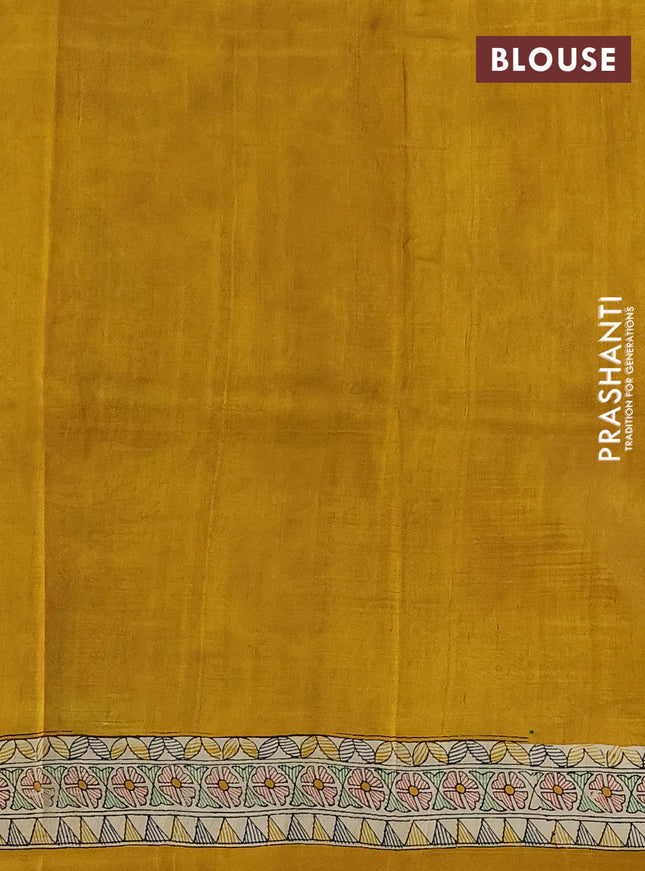 Tussar madhubani printed silk saree cream and mustard yellow with allover prints and printed border