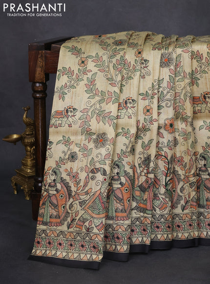 Madhubani printed silk saree cream and black with allover prints and printed border